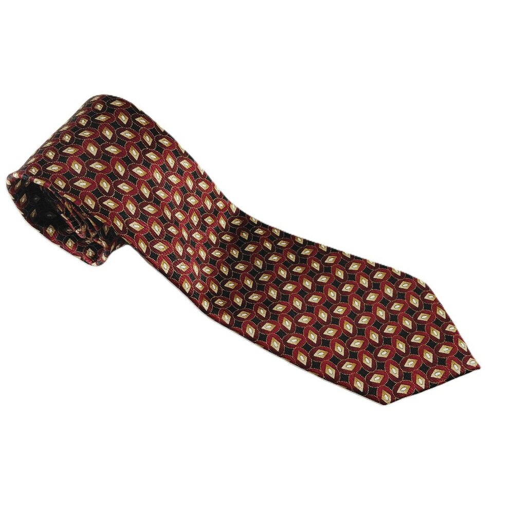 Jos. A. Bank Classic Width Geometric Print Men's Tie Red Black Gold 100% Silk
